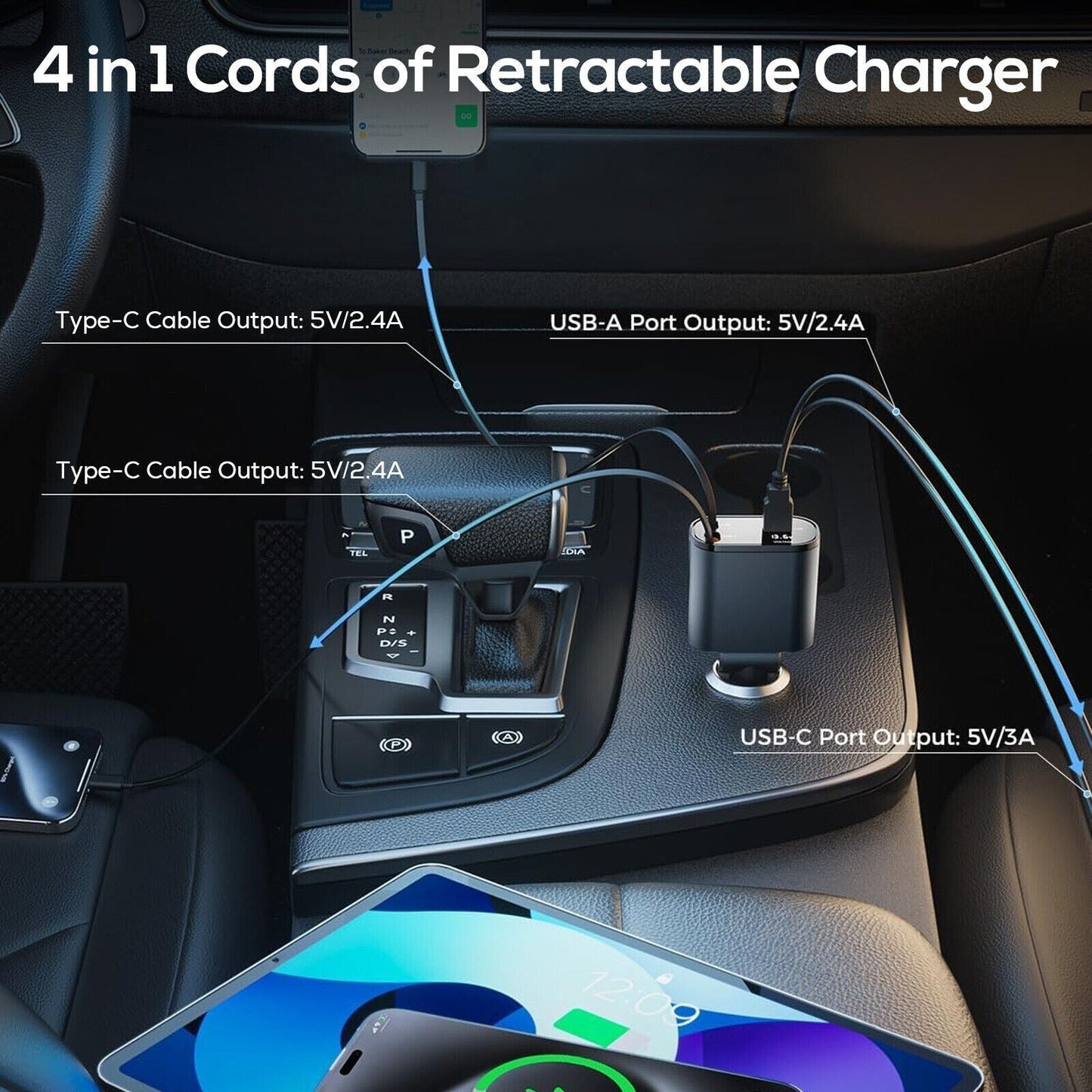 4 in 1 Retractable Car Phone Charger